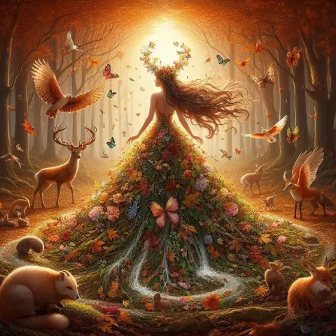 Autumn Forest Goddess With Flowing Flower Dress Fantasy