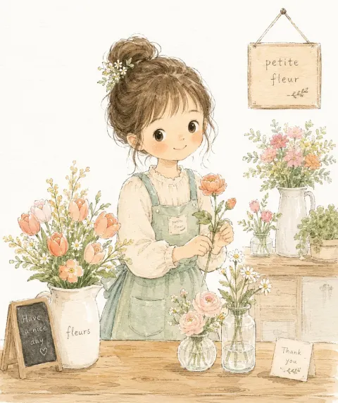 Cute Girl Flower Shop Illustration