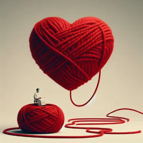 Knitted Red Wool Heart Suspended Surrealist Minimal Art