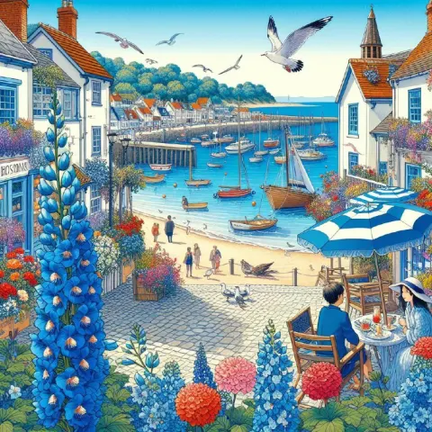 Charming Seaside Town Cafe With Delphiniums and Geraniums