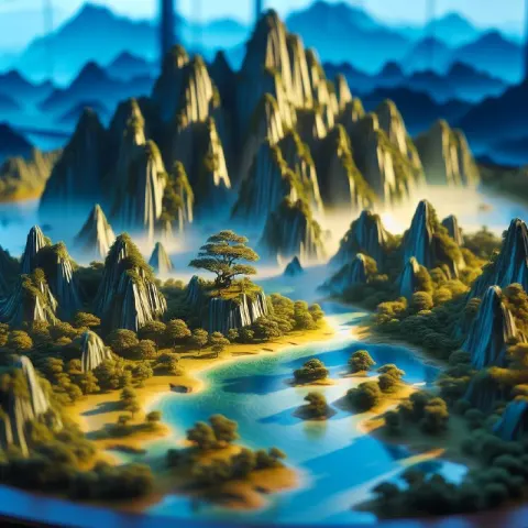Miniature Chinese Landscape in Glass With Gold Lines