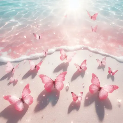 Pink Transparent Butterflies Over White Sand Beach
