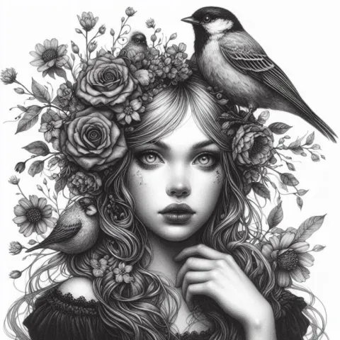 Gothic Girl with Birds and Flowers