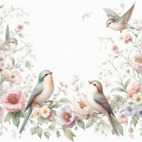 Pastel Floral Border Wallpaper With Birds Watercolor