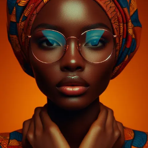 Stylish African Woman in Print Head Wrap and Glasses