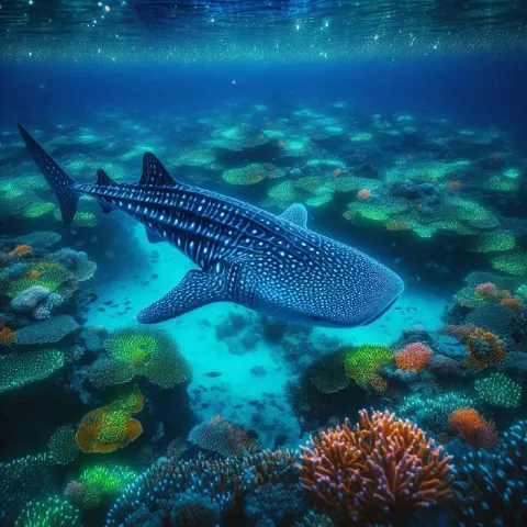 Bioluminescent Whale Shark Over Night Coral Reef
