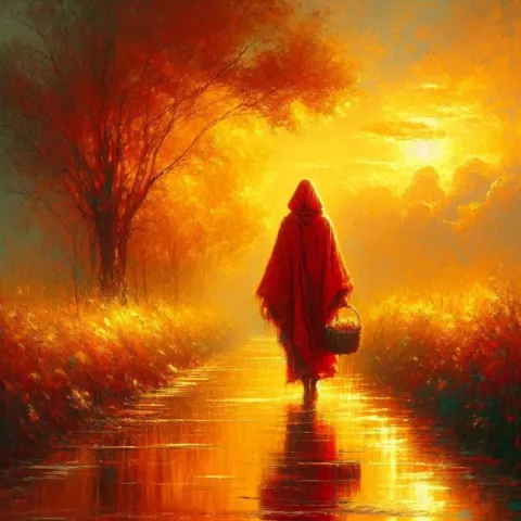 Serene Sunset Stroll Painting With Red-Cloaked Figure