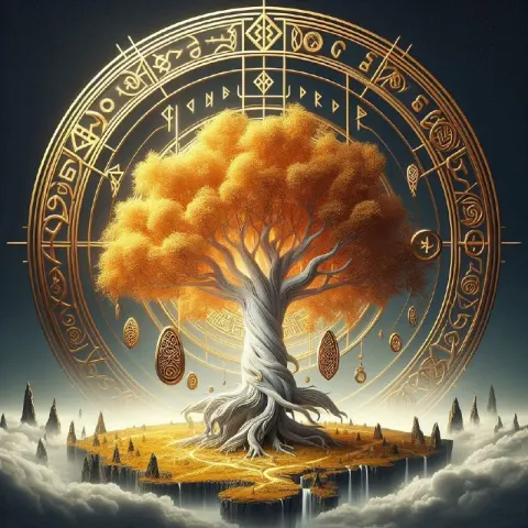 Majestic Golden-Leaf Tree Fantasy Poster Norse Style