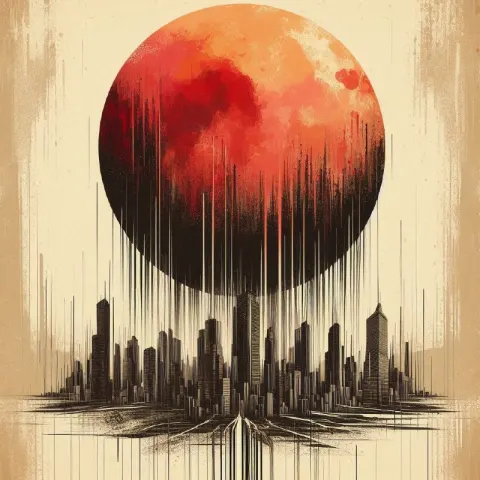 Red-Orange Moon Over Dripping Abstract Cityscape