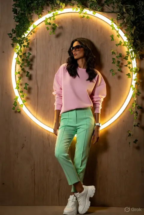 Pink Sweatshirt Mint Green Pants Editorial