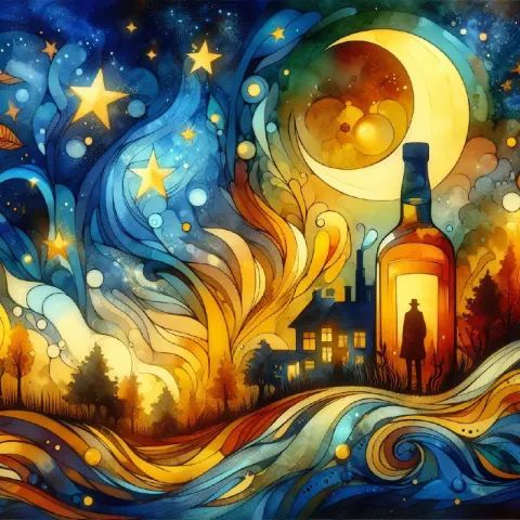 Whiskey Under Moon and Stars Dreamlike Aquarelle Art