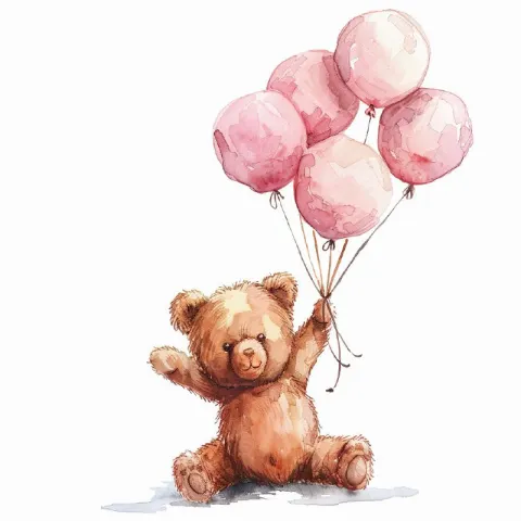 Watercolor Teddy Bear Floating on Pink Balloons Clipart