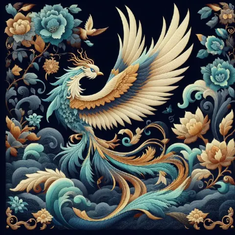 Chinese Embroidery Phoenix Wallpaper in Cyan and Gold