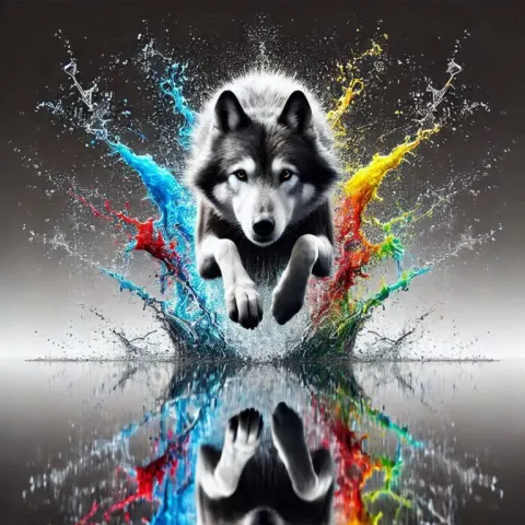 Hyper-Realistic Wolf Leaping Over Vibrant Water