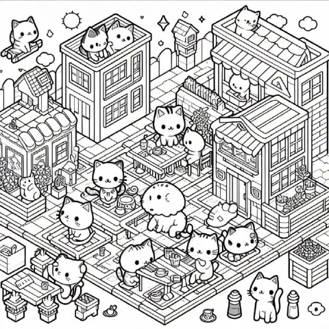 Kawaii Cat Town Isometric Coloring Page Line Art