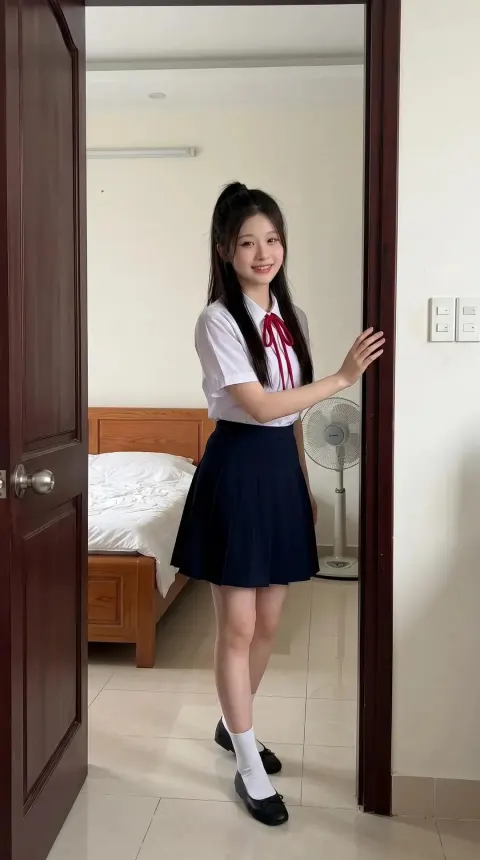 Schoolgirl Entering Bedroom Doorway