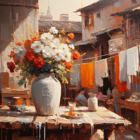 Indoor Still Life Oil Painting With White Flower Vase