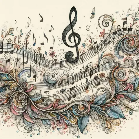 Whimsical Musical Notation Drawing With Intricate Detail