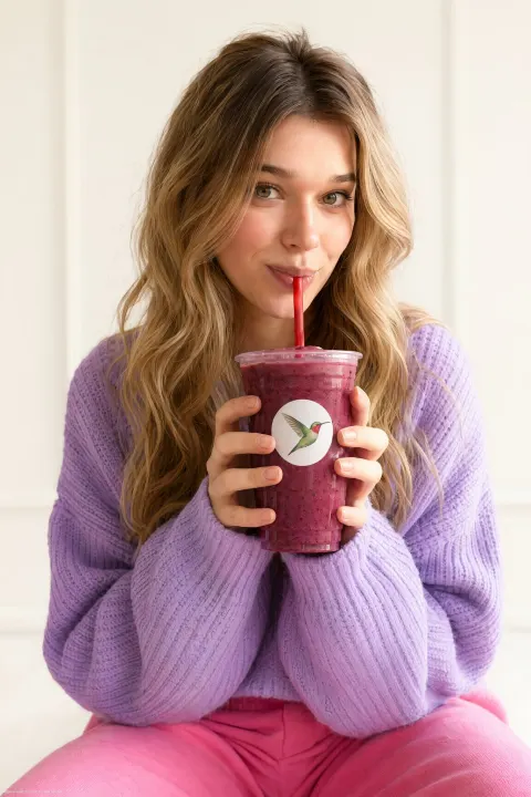 Blonde Woman Sipping Berry Milkshake