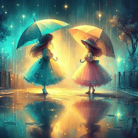 Two Girls Under Umbrellas Dreamy Cyan and Yellow Art