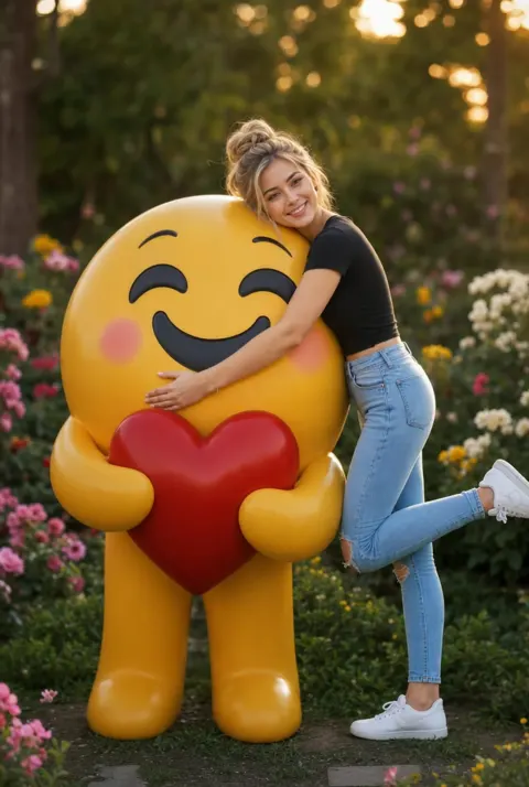 Girl Hugging Giant 3D Emoji Heart