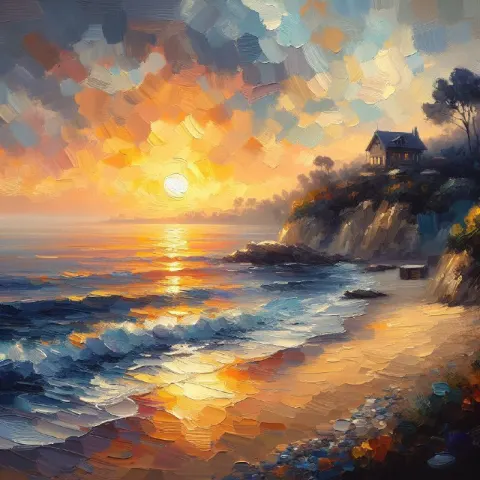 Palette Knife Beach Sunset With House on the Cliff