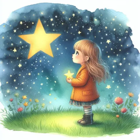 Watercolor Girl Holding Big Star Gazing at Space Sky