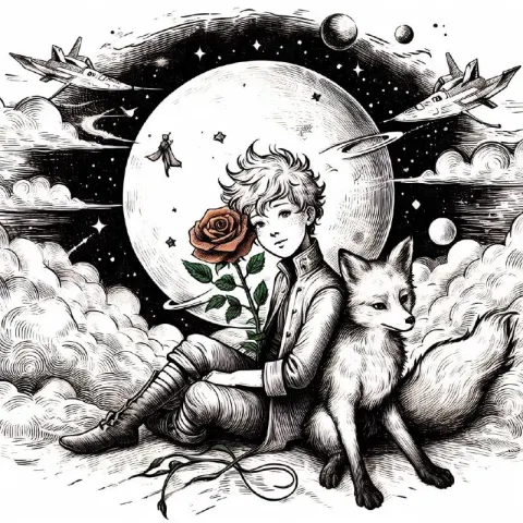 Little Prince With Fox and Rose Sketch Tattoo Style