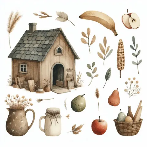 Vintage Cottagecore Watercolor Clipart in Earthy Tones