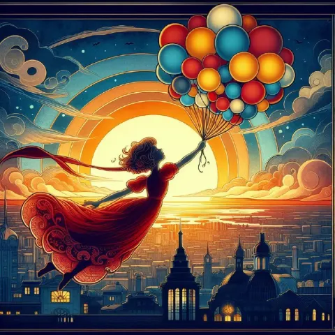 Art Nouveau Girl Flying With Balloons Over Sunset City