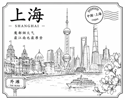 Shanghai Line Art Postcard