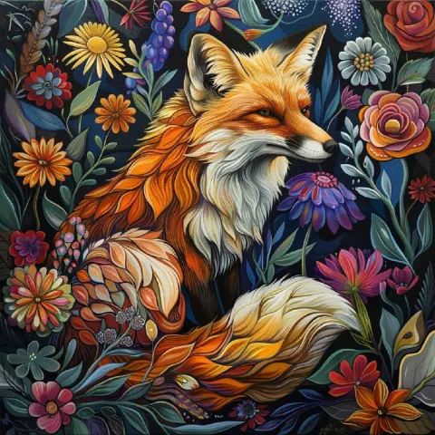 Fox Among Abstract Flowers Darkly Romantic Illustration