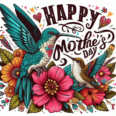 Mother's Day Card With Hummingbird Pair and Flowers