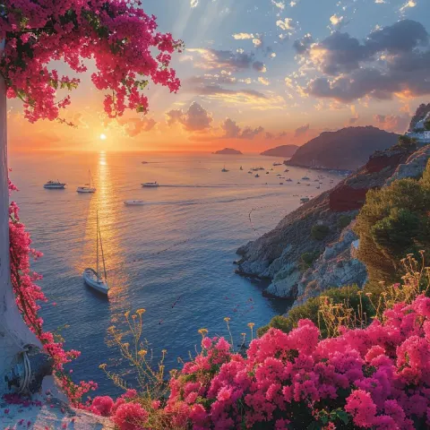 Santorini Coast at Sunset With Bougainvilleas and Boats