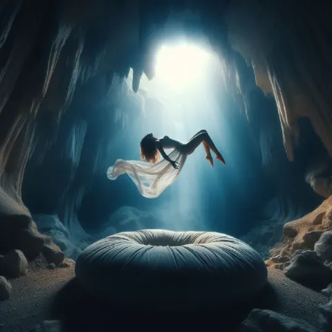 Young Woman Floating Above Round Pillow Dramatic Photo