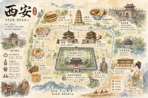 Watercolor Xi'an Food Map