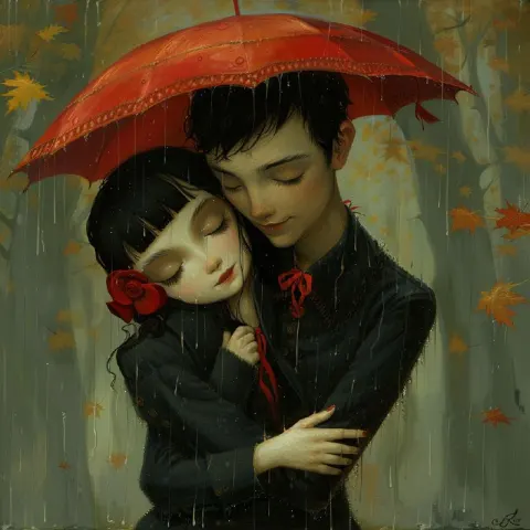 Young Couple Hugging in Rain in Ray Caesar Style