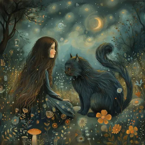 Girl With Large Cat Whimsical Nightscape Illustration