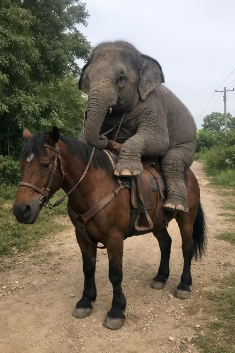 Baby Elephant Riding Brown Horse