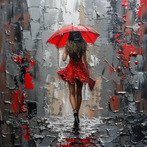 Woman With Umbrella in Rain Palette Knife Painting