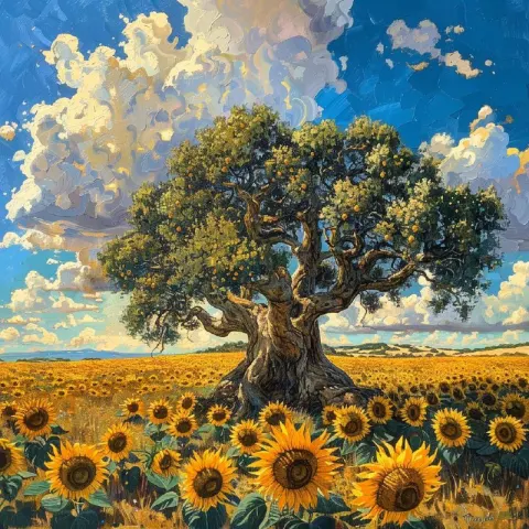 **an ancient olive tree in the center of a sunflower