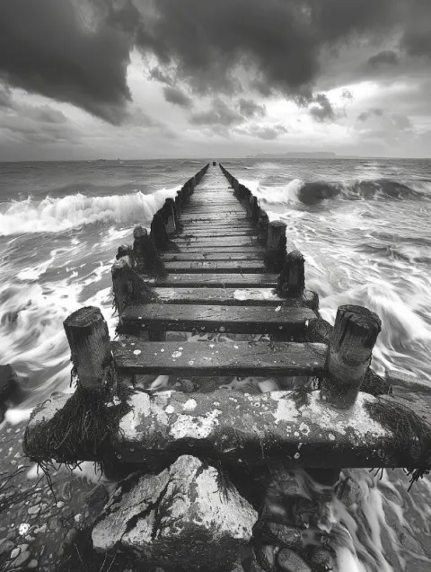 Fisheye Photograph of Abandoned Pier on Cloudy Ocean