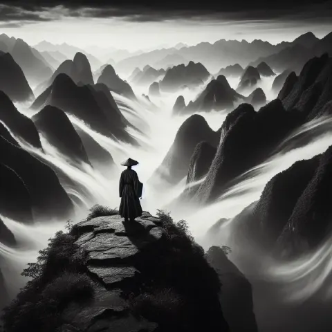 Hanfu Man on Ancient Mountain Minimalist Ink Painting