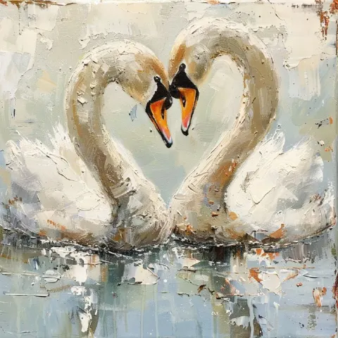 Two Swans Forming Love Heart Impasto Mosaic Painting