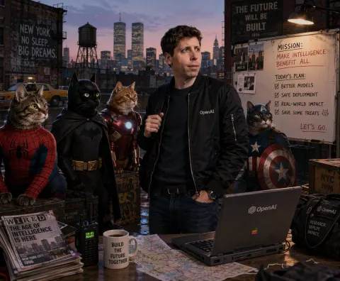 AI Leader and Superhero Cats Rooftop Plot