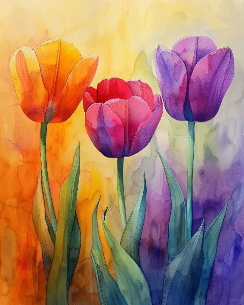 Orange Purple and Yellow Tulips Watercolor Painting