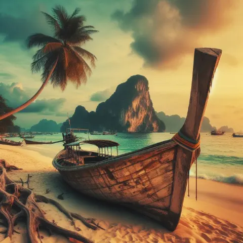 Old Thai Longtail Boat Beached Among Coconut Trees