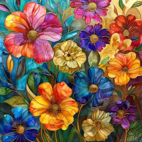 Vibrant Watercolor Flowers With Gold Foil Mucha Style