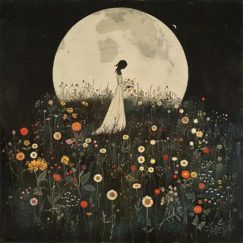 Woman With Wildflower Bouquet in Moonlit Dark Meadow