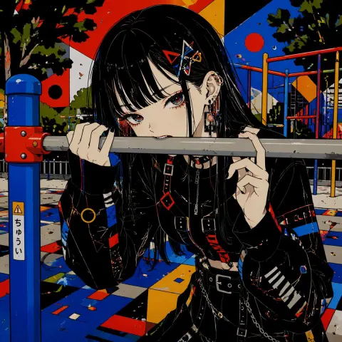 Gothic Girl Bites Playground Railing